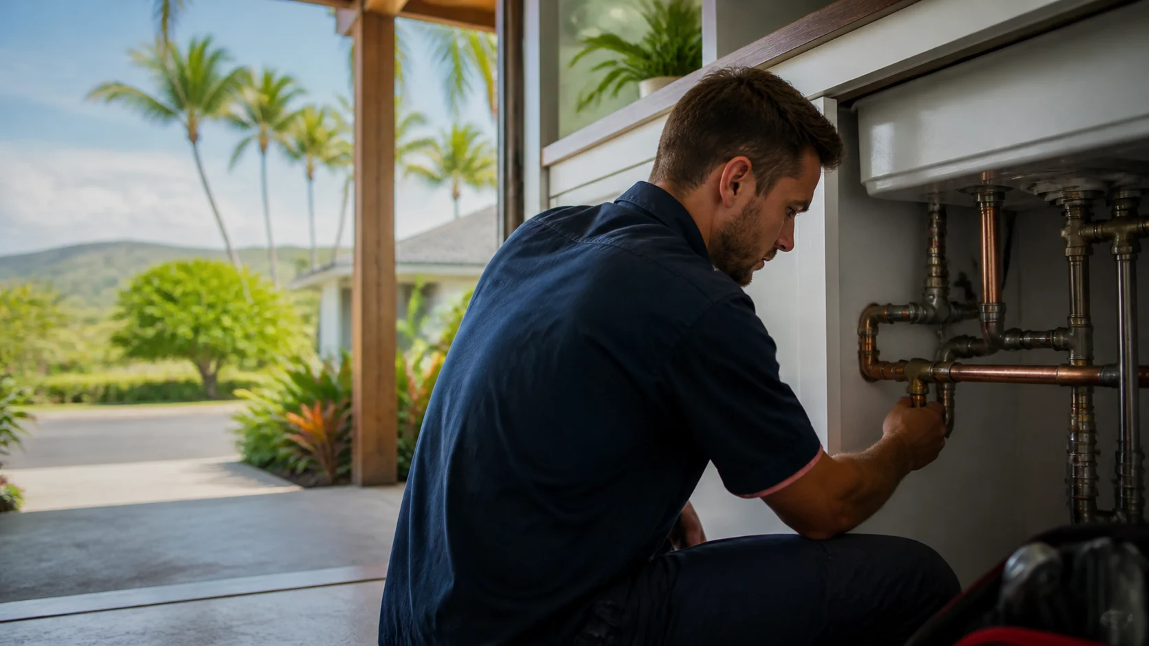 Plumber inspecting plumbing beneath a tropical Queensland home